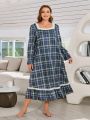 Women's Plus Size Checkered Patchwork Lace Trimmed Ruffle Hem Nightgown