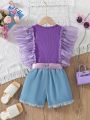 Young Girl Summer New Outfit, Patchwork Mesh Sleeveless Top And Casual Denim Shorts Set