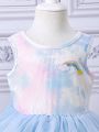SHEIN Kids CHARMNG Young Girl Printed Tie-Dye Mesh Dress, Spring And Summer Collection