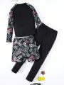 SHEIN Tween Boys' Casual Floral Patchwork Long Sleeve Pullover With Printed Sleeves And Floral Printed Shorts Plus Patchwork Side Striped Printed Swim Trunks, 3pcs Set
