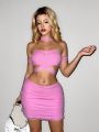 SHEIN ICON Butterfly Decor Shoulder-Baring Top & Skirt & Choker Set In Pink
