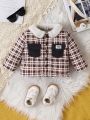 2023 Autumn/winter Toddler Boys' Plaid Fleece Jacket With Button Closure And Turn-down Collar