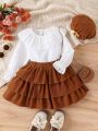 Young Girl Cute And Vintage College Style Two Piece Set With Ruffled Sleeves, Suitable For Autumn And Winter