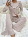 Knitted Rib Stripe Round Neck Home Wear Set With Ruffled Edges