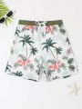 Tween Boys Plant & Flower Printed Swim Trunks, Beach Shorts