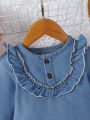 Baby Girls' Cute Lace Decor Long Sleeve Top With Buttons