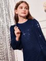 SHEIN Tween Girls' Romantic Party Dress With Beaded Details And Lantern Sleeves