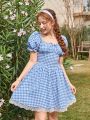 Teen Girl's Checked Weave & Lace Splice Puff Sleeve Casual Dress With Sweetheart Neckline