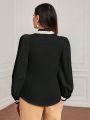 SHEIN Modely Pearls Detail Button Front Lantern Sleeve Shirt