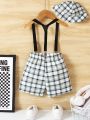 SHEIN Kids FANZEY Toddler Boys' Gentleman Casual Plaid Suspender Pants Matched With Plaid Newsboy Cap