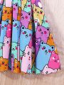 SHEIN Kids QTFun Little Girls' Cartoon Cat Printed Ruffle Sleeve Dress