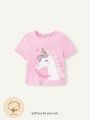 Cozy Cub Baby Girls' Unicorn Pattern Mesh Panel Short Sleeve Top With Round Neckline
