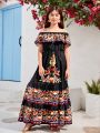 Teen Girl Vacation Style Off-Shoulder Floral Printed Dress