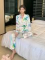 DAZY Women's Ocean Animal Printed Pajama Set With Collar, Pocket Design