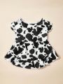 PETSIN 1pc Black And White Cow Pattern Pet Bubble Sleeve Dress, Princess Dress For Cats And Dogs