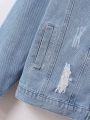Teen Boy's Retro College Style Pocketed Washed Light Blue Ripped Denim Jacket