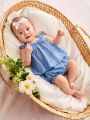 SHEIN Newborn Baby Girl Strawberry Pattern Decor Butterfly Knot Puff Sleeve Top And Bloomers Set