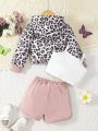 Baby Girl Leopard Pattern Cropped Hoodie + White Camisole Top + Sports Shorts Three-Piece Set