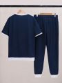 Men'S Round Neck Short Sleeve T-Shirt And Long Pants Set With Patchwork Edge