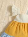 SHEIN Cute Baby Girl's Short Sleeve Color Block Dress With Ruffle Trim