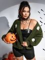PUNK Plus Halloween Ghost Pattern Drop Shoulder Duster Cardigan