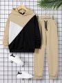 SHEIN Kids Academe Boys' Contrast Color Hooded Sweatshirt And Drawstring Waist Jogger Pants Set