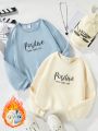 Girls' Loose Fit Drop Shoulder Letter Print Fleece Round Neck Sweatshirts, Multi-pack