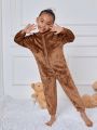SHEIN Toddler Girls' Casual Hooded Solid Colored Fleece Jumpsuit With Cuffed Ankles For Autumn/winter