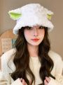 1pc Cute & Sweet Sheep Ear Design Women's Lamb Wool Fisherman Cap, Versatile & Warm Plush Bucket Hat For Autumn/winter
