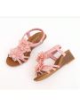 Summer Bohemia Wedge Sandals for Women Elastic Ankle Strap Sandals Open Toe Flower Rhinestone Platform Shoes Sandal