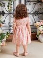 Baby Girl'S Spring/Summer Elegant Pink Printed Dress With Small Floral & Metallic Polka Dot Pattern