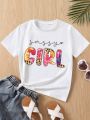 Young Girls' Leopard & Letter Printed Short Sleeve T-Shirt