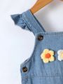 Baby Girl Casual Adorable Flower Decorated Denim Overalls