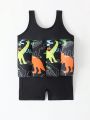 Infant Boys' One-piece Floatable Swimwear With Black Dinosaur Print For Spring And Summer