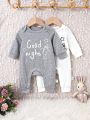 SHEIN Baby Boy's Cute Letter & Milk Bottle Print Long Sleeve Romper With Footies, 2pcs Sleepwear Set In Multiple Colors