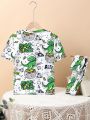 SHEIN Tween Boys' Casual Round Neck Printed Short Sleeve T-shirt And Shorts Home Outfit Set