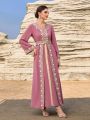 SHEIN Najma Dark Pink V-Neck Long Sleeve Patchwork Dress