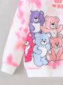 SHEIN Kids QTFun Girls' Casual Round Neck Long Sleeve Colorblock Teddy Bear & Letter Print Sweatshirt For Fall