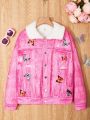 SHEIN Kids KDOMO Tween Girls' Fleece Lined Denim Jacket With Printed Pattern
