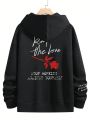 Manfinity Homme Men's Plus Size Oversized Hoodie With Slogan And Rose Print