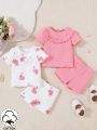 SHEIN 4pcs/Set Baby Girl Casual And Comfortable Heart Printed Ruffle Outfits, Ideal For Valentine's Day, Spring And Summer