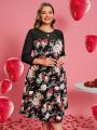 EMERY ROSE Valentine's Day Plus Size Flower Mesh Splice Dress