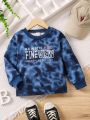 SHEIN Kids Cooltwn Little Girls' Super Cool Street Tie-dye Print Round Neck Long Sleeve Sweatshirt With Fleece Lining For Fall And Winter