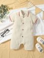 SHEIN Baby Contrast Binding Button Front Pocket Patched Waffle Knit Romper