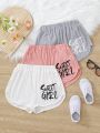 SHEIN Kids Cooltwn Tween Girls Street Style Sporty Knitted Loose Shorts, 3pcs/Pack