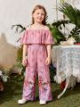 SHEIN Kids Nujoom Little Girls' Flower Print Overalls Jumpsuit With Spaghetti Straps
