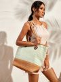 SHEIN VCAY Color Block Braided Detail Twist Handle Tote Bag,Straw Bag,Woven Bag,Perfect For Summer Beach Travel Vacation,For Outdoor,Holiday