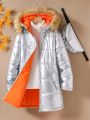 SHEIN Kids EVRYDAY Big Girls' Casual Fleece Edged Hooded Zip-up Jacket With Pockets