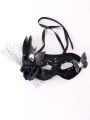 1pc Ladies' Black Lace Mask With Butterfly & Black Rose & Poultry Feather & Large Hole Net Yarn & Black Berry For Party, Cosplay And Halloween Decoration