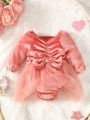 Infant Girls' Cute Solid Color Mesh Overlay Long Sleeve Bodysuit With Bowknot Decor, Winter